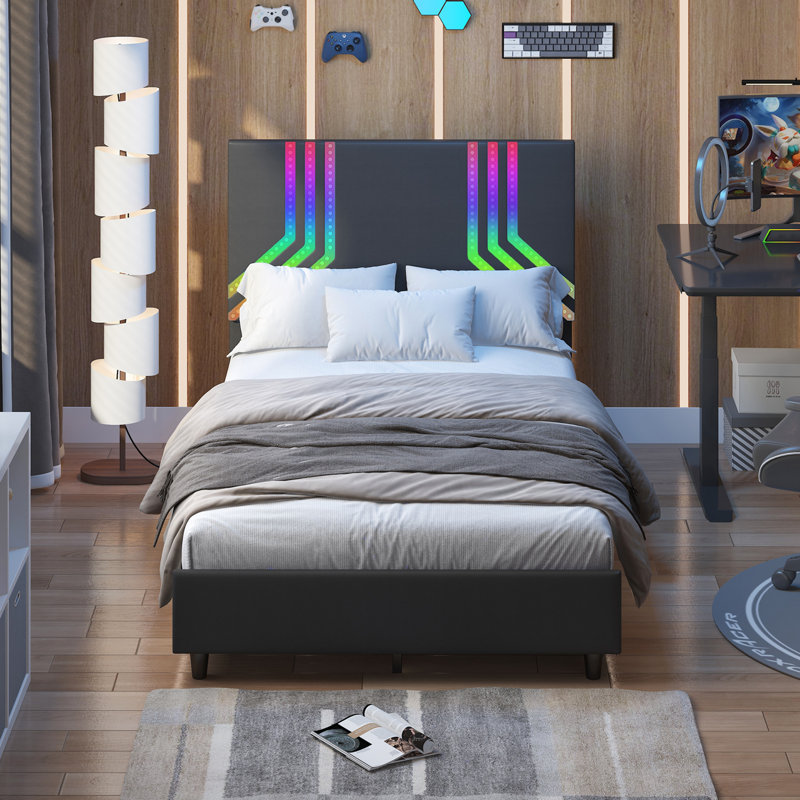 Wrought Studio Led Bed Frame Rgb Gaming Bed Platform Gaming Bed Frame Bed Frame For Gamers Pvc Leather Upholstered Headboard With Led Lights